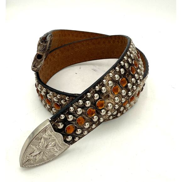 DDD 3D Calf Hair Bling Studded Amber Rhinestone Western Belt Size 34 - Picture 1 of 5